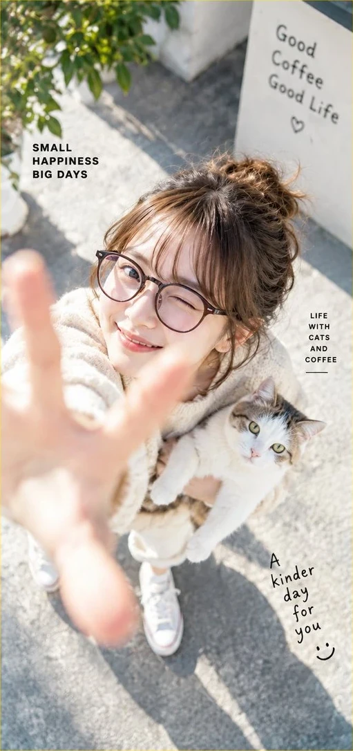 猫を抱いた人が、カメラへ手を伸ばしてウインクしている写真