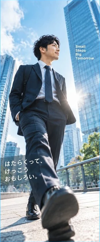 スーツの人が、高いビルの間を見上げながら歩く写真